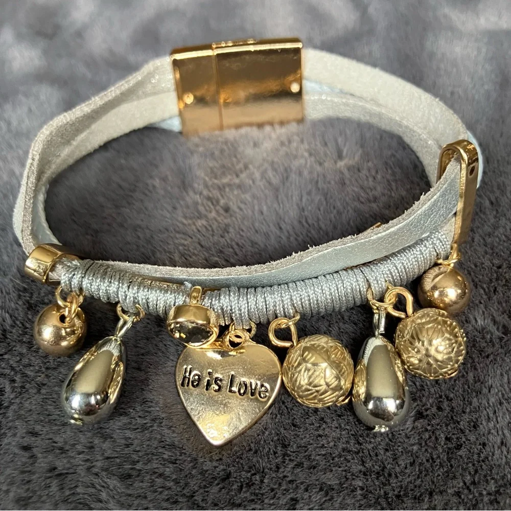 He Is Love Gold‎ & Silver Charms on Gray Layered Leather Bracelet Magnetic Clasp